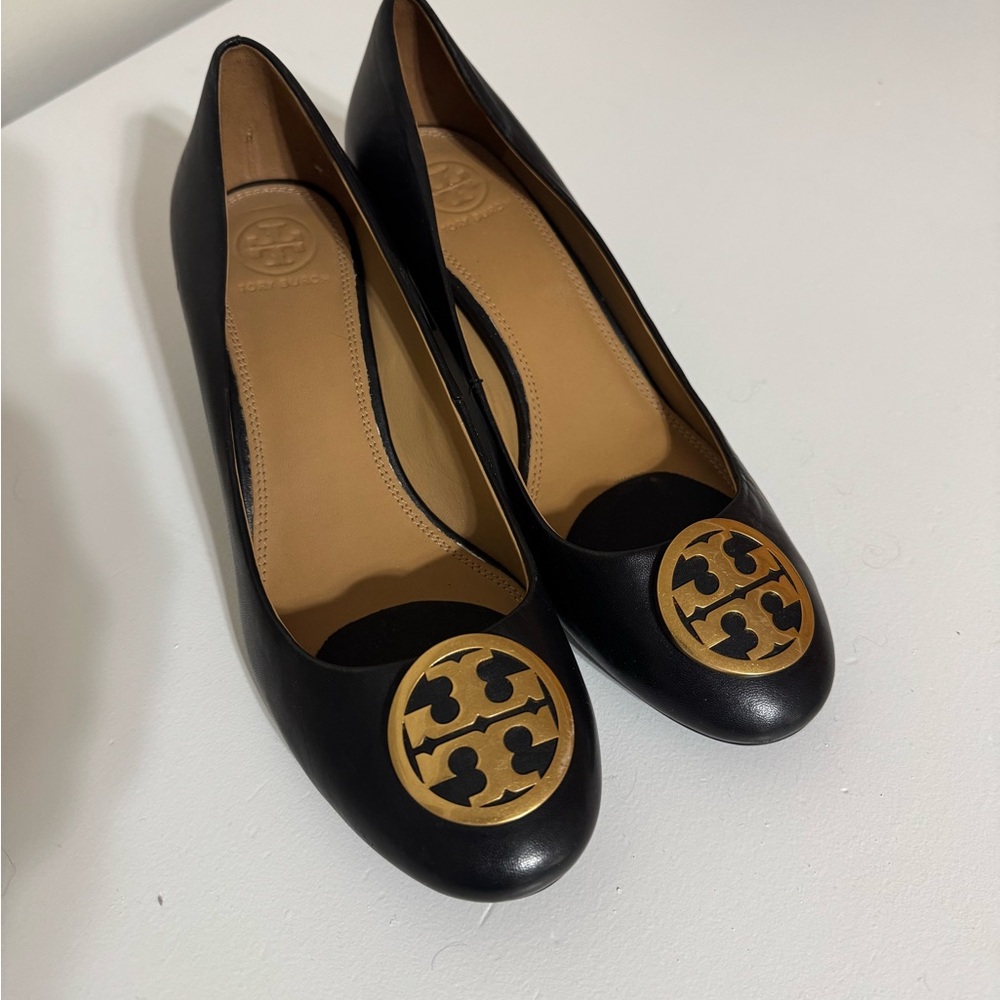 Tory Burch Black Heels with Gold Emblem